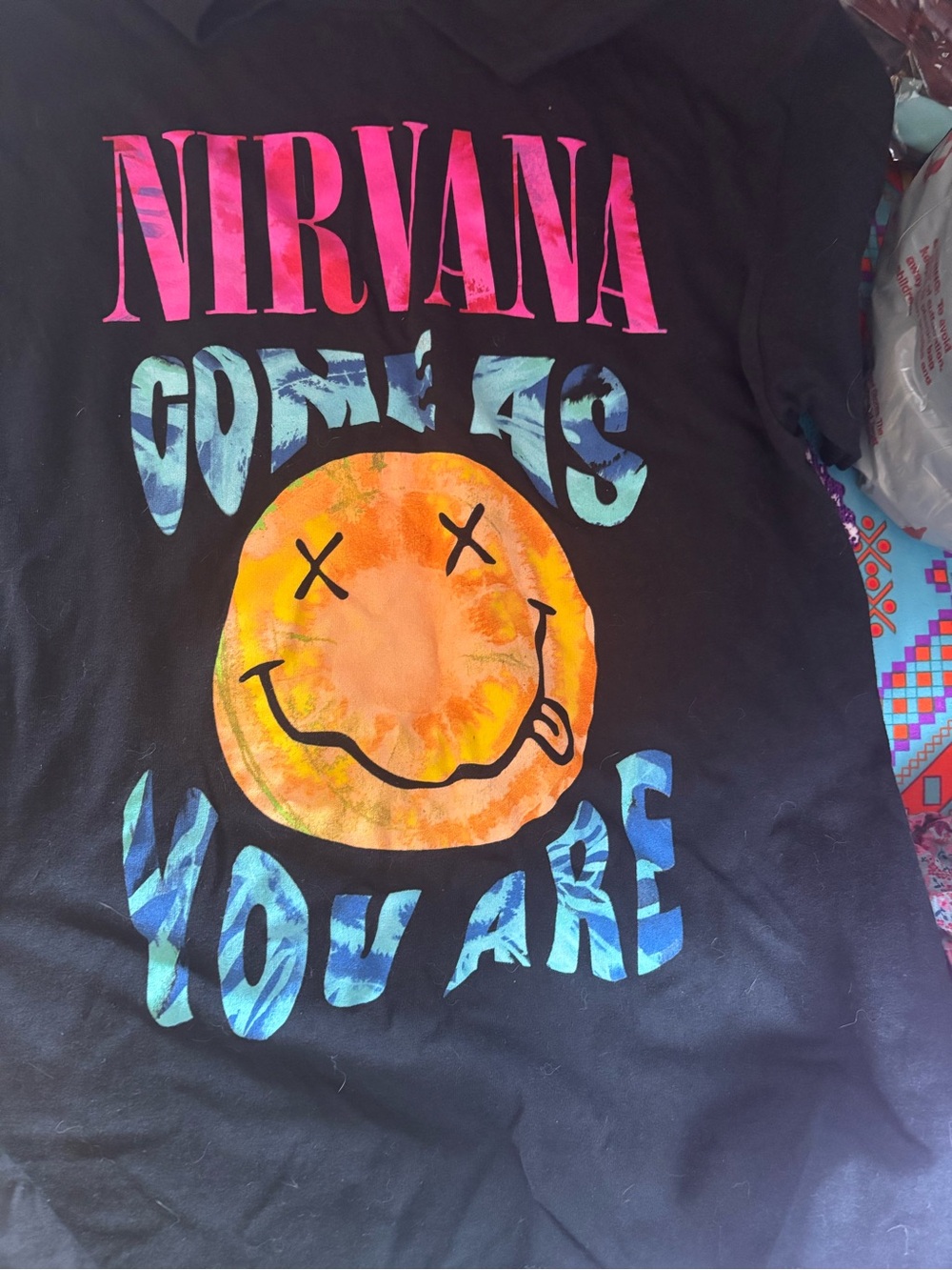 Nirvana women’s Black Graphic Tee with Tie-Dye Smiley M